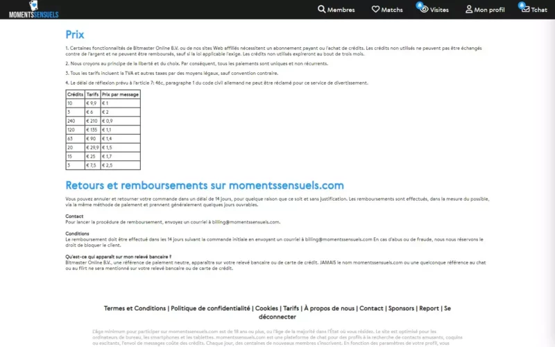 MomentsSensuels.com tarifs