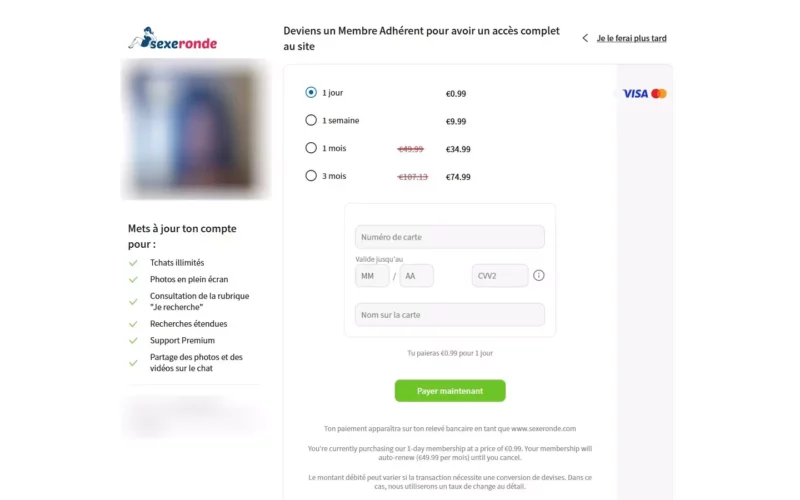 SexeRonde.com tarifs