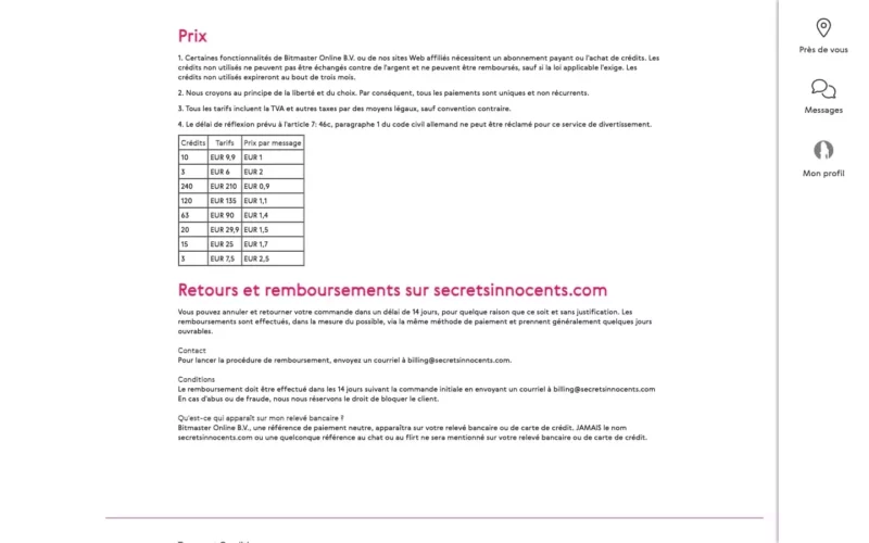 Secretsinnocents.com tarifs