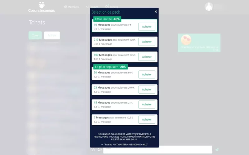 CoeursInconnus.com tarifs
