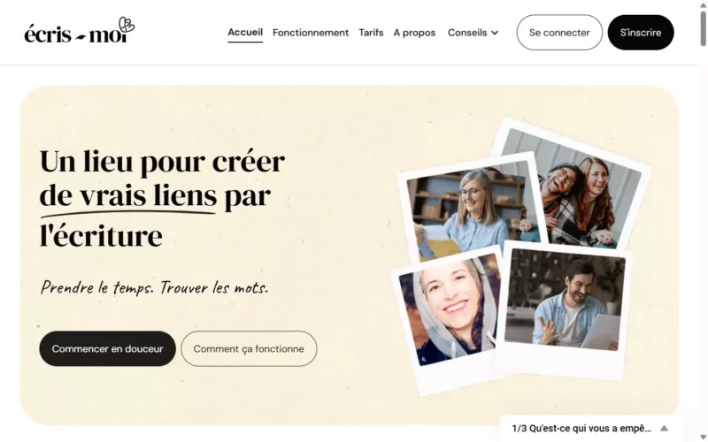 Evaluation Ecris-moi.fr page d'accueil